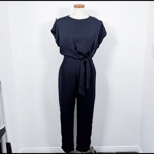 Zara pantsuit with tie blouse navy